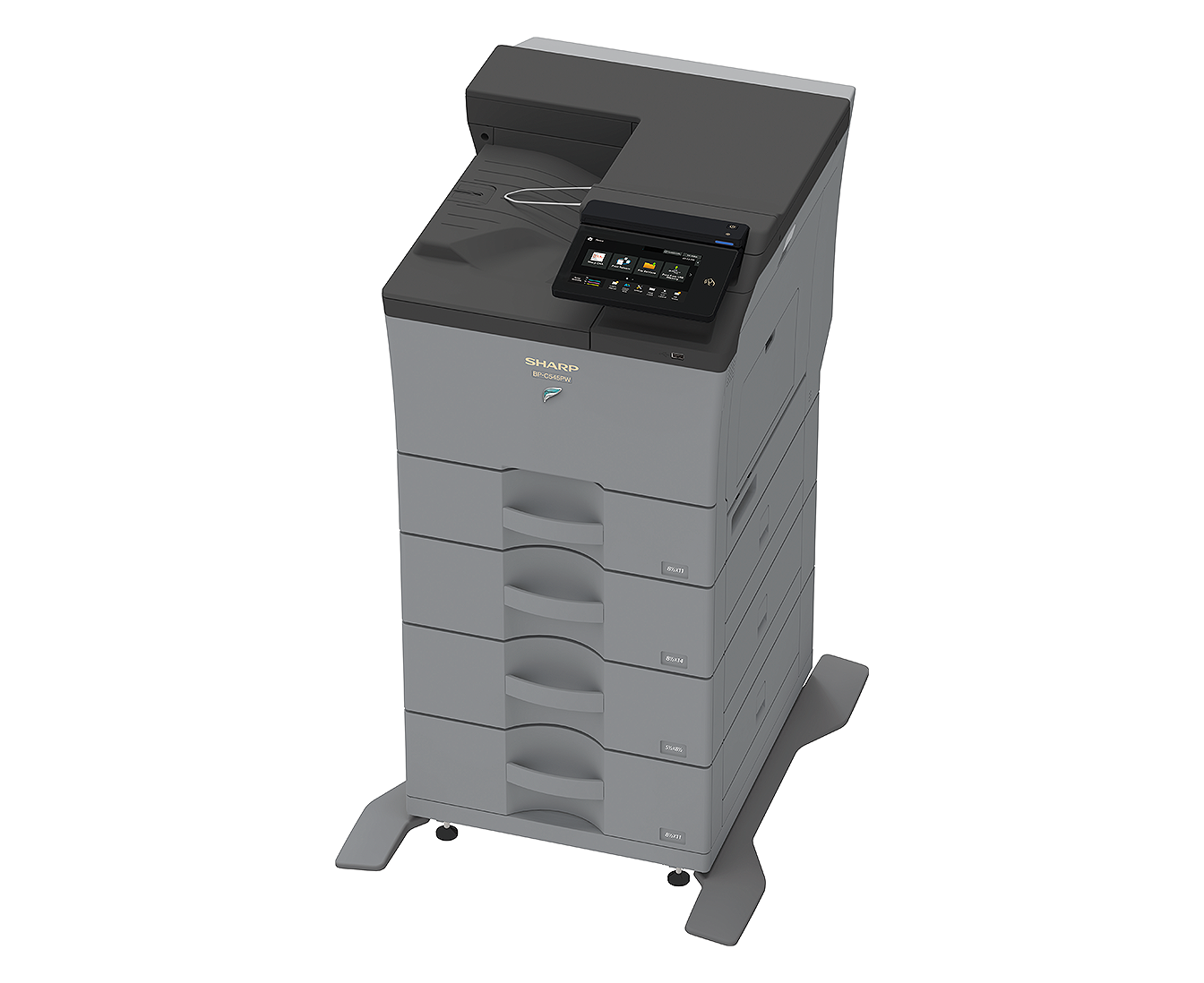 colour desktop printer angled with full trays